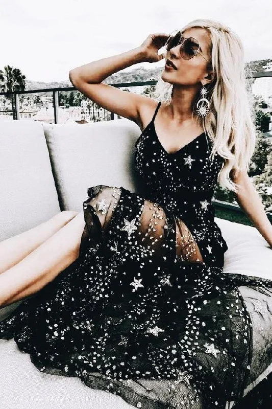 Sparkly V Neck Black Prom Dresses Spaghetti Straps A line Star Lace Long Party Dresses Tunics Long Elegant