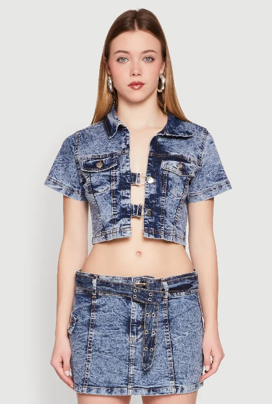 Spoon Jeans Mineral Wash Short Sleeve Cropped Jacket Faux Fur Fabric Real Fur Fabric Shearling Fabric