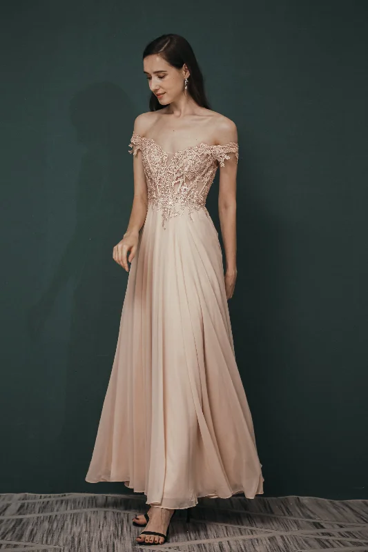 Elegant A-line Off-the-shoulder Long Chiffon Prom Dresses, Party Dresses Tunics Sophisticated sleek