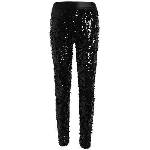 Faux Lether Sequins Glitter Pencil Pants - Black One Size Casual Yoga Pants