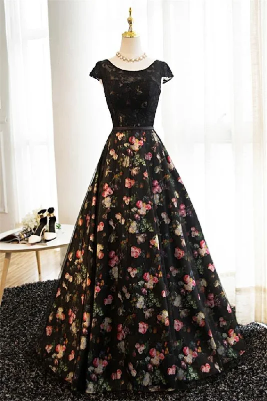 Lace Black Ball Gown Cap Sleeves Printed Fabric Formal Prom Dresses Evening Party Dress Tunics Sophisticated sleek
