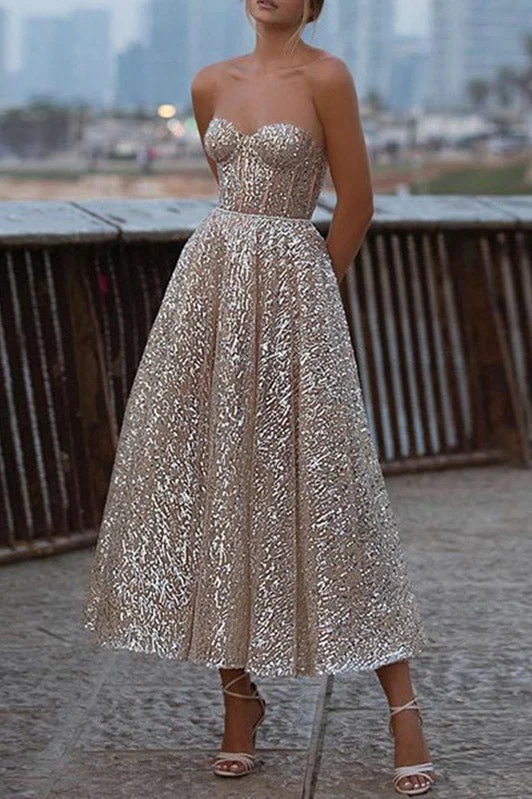 Sparkly School Party Dress Strapless A Line Ankle Length Prom Dresses Pencil Length Work