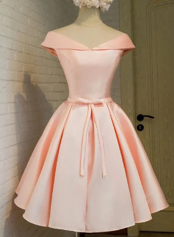 Pink Satin Knee Length Party Dress , Homecoming Dress Peplum Ruffle Cocktail