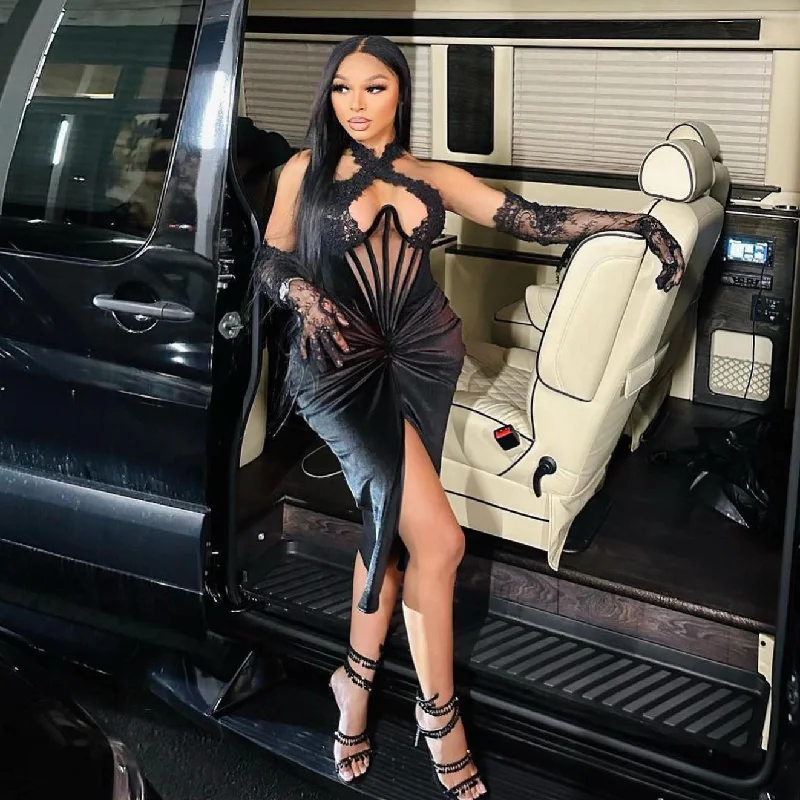 Zjkrl - 2023 Sexy Black Short Prom Dresses with Lace Gloves Corset Front Slit Velvet Cocktail Party Dress Black Girls Birthday Dress Tunics Sophisticated sleek