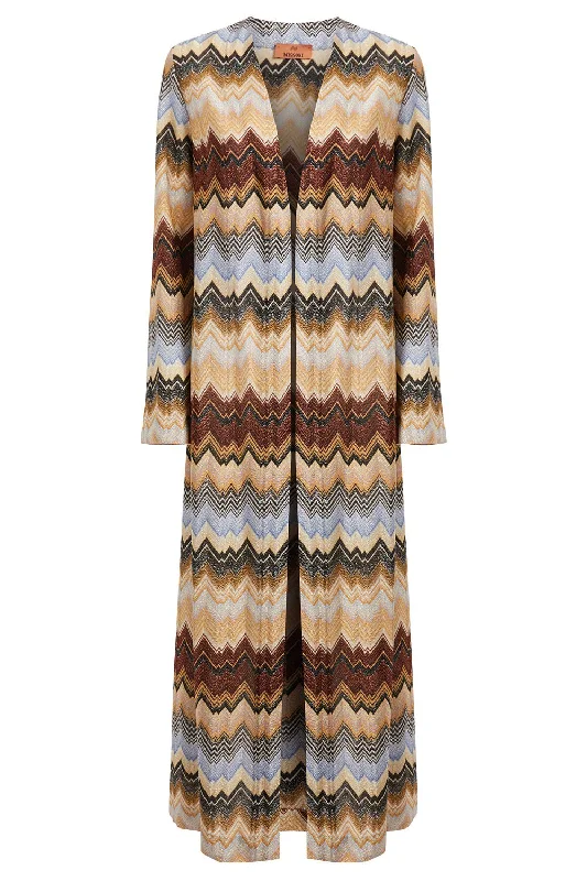 Lurex Knit Long Cardigan Solid Color Striped Floral Print