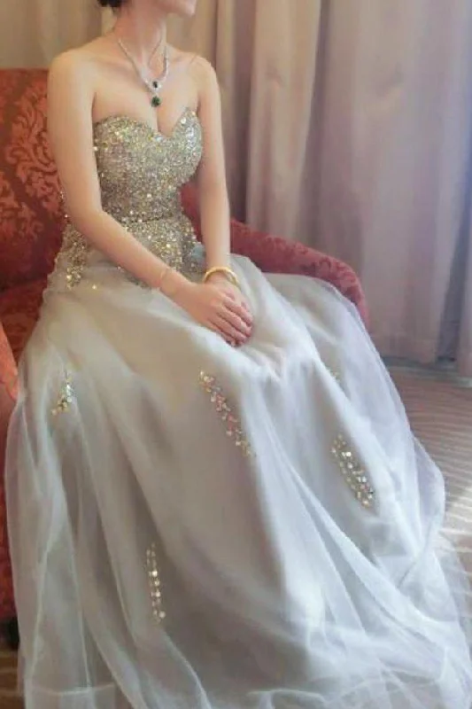 Sweetheart A line Beads Strapless Grey Tulle Lace up Prom Dresses Party Dresses Tunics Short Trendy