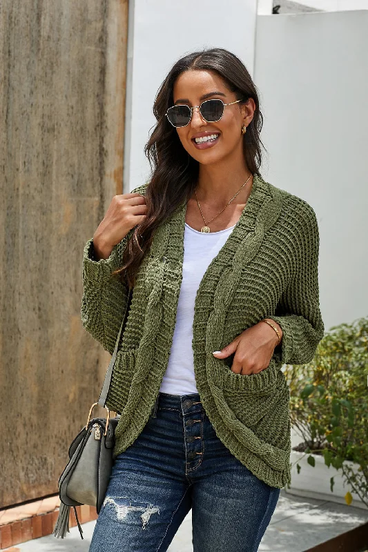 Chunky Cardigan - Green Welt Pockets Slit Pockets Flap Pockets