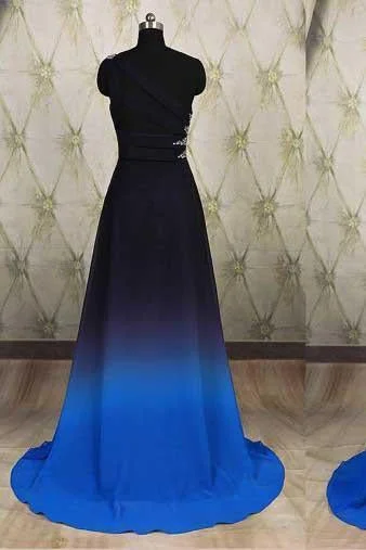 One Shoulder Ombre Black and Blue Ruffles Prom Dresses Simple Cheap Party Dresses Tunics Prom sequined