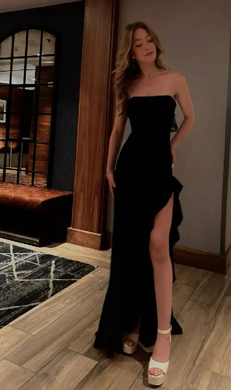 Elegant Black Strapless Sheath Ruffles Long Formal Party Dress, DP4069 Tunics Yoga stretchy