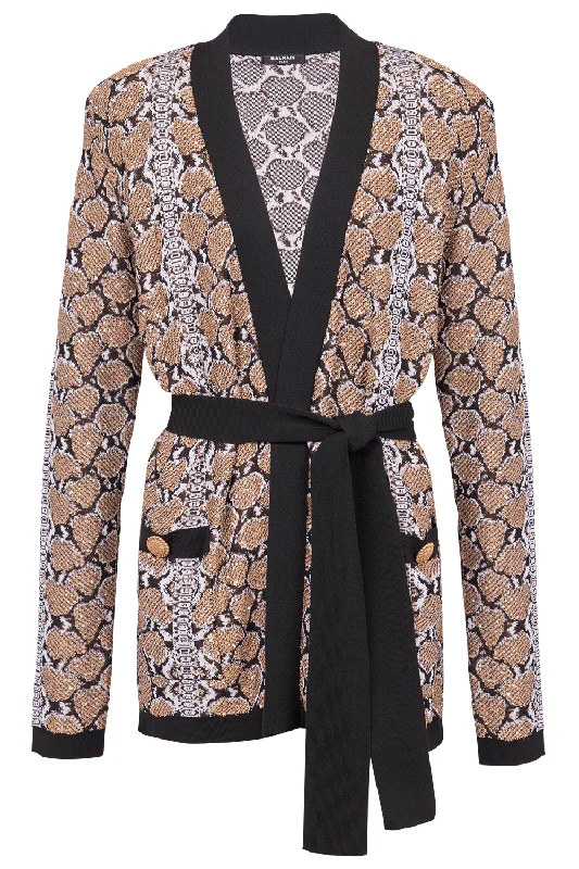 Print Belted Cardigan Collared Crew Neck Turtle Neck