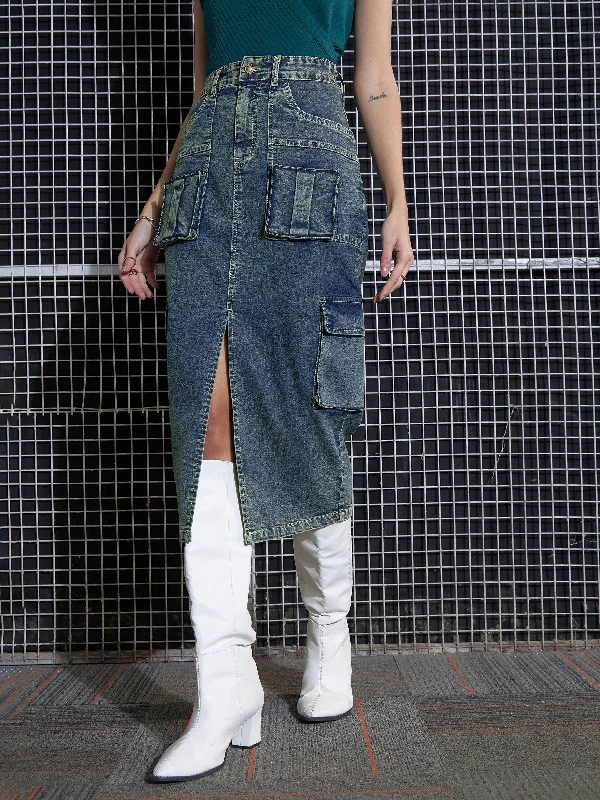 Women Green Washed Denim Box Pocket Midi Skirt denim skirt casual