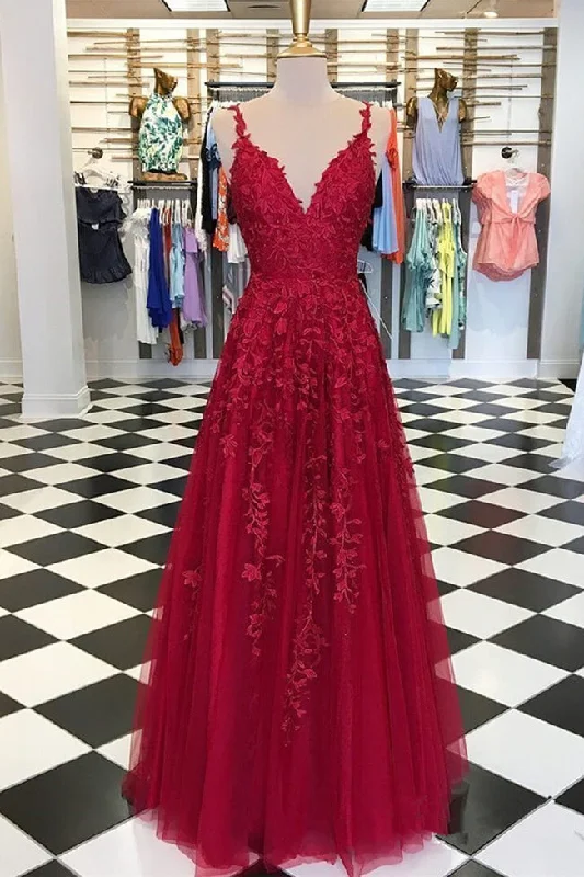 Charming A Line Lace Burgundy V Neck Long Prom Dress Formal Evening Party Dresses sweetheart Neckline Romantic