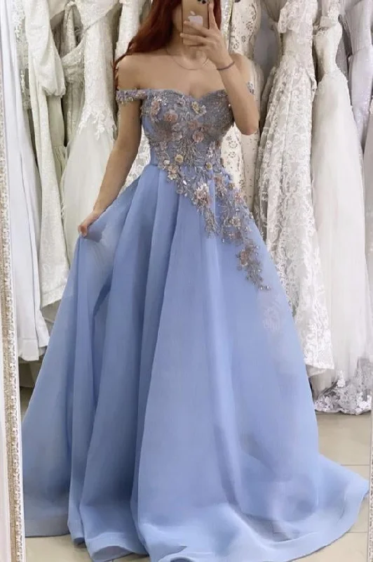 A Line  Lace Appliques Off the Shoulder Blue SatinEvening Party Dresses Prom Dress Tunics Versatile functional