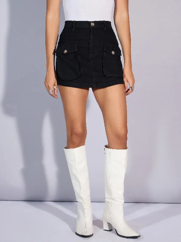 Women Black Denim A-Line Mini Skirt ruffled skirt detail