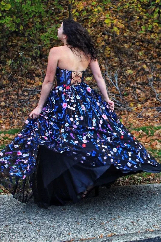 A-line  Evening Party Dresses  Strapless Embroidery Formal Long Prom Dress Tunics Formal black