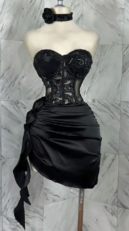 Black Sweetheart Lace Satin Short Party Dress Mini Birthday Outfits, DP4019 Tunics Seasonal trendy