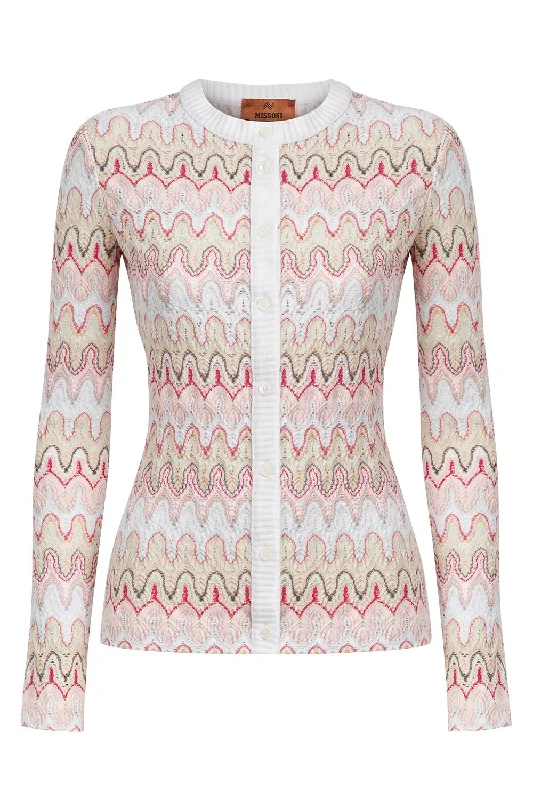 Crew Neck Buttoned Cardigan Print Jacquard Patchwork