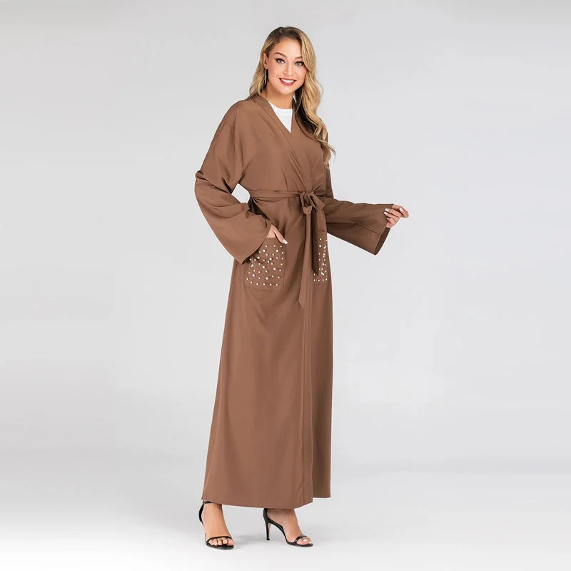 With Pearls and Pocket Cardigan Open Abaya Dress For Muslim Women Zippered Front Buttoned Front Snap Front