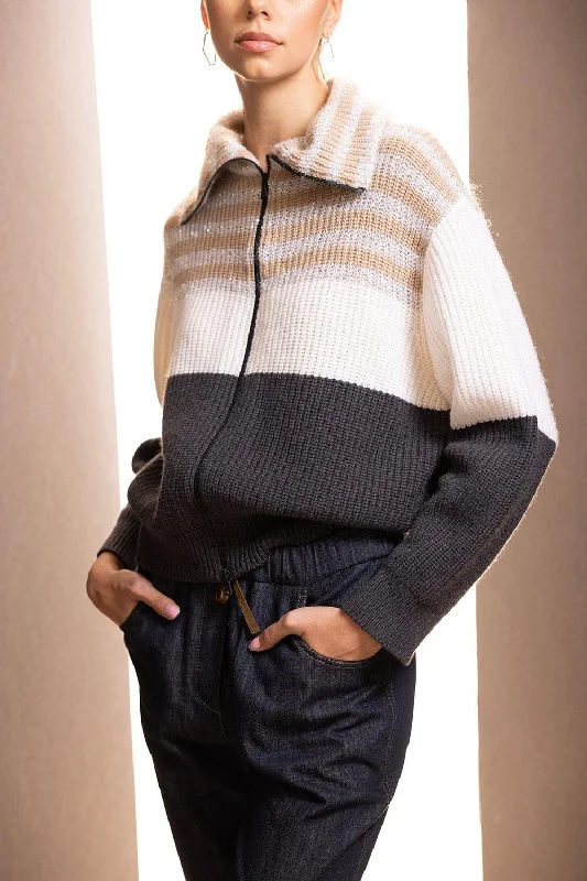 Sequin Rib Knit Cardigan Patchwork Embroidered Appliqued