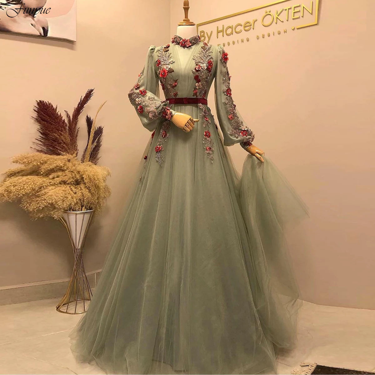 Zjkrl  -  Elegant Mint Green A-Line Prom Dress Long Sleeves Formal Party Dresses Flowers Beads Lace Tulle Muslim Evening Gowns Tunics Occasion special