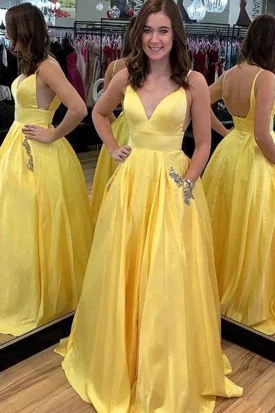 A Line Yellow Satin V-Neck Beading Pocket Prom Dresses Long Backless Party Dresses Tunics Trendy modern