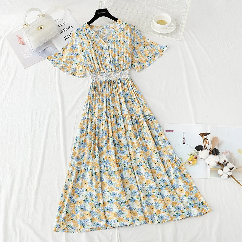 New French gentle skirt V-neck floral waist slim skirt  4234 modal blend skirt